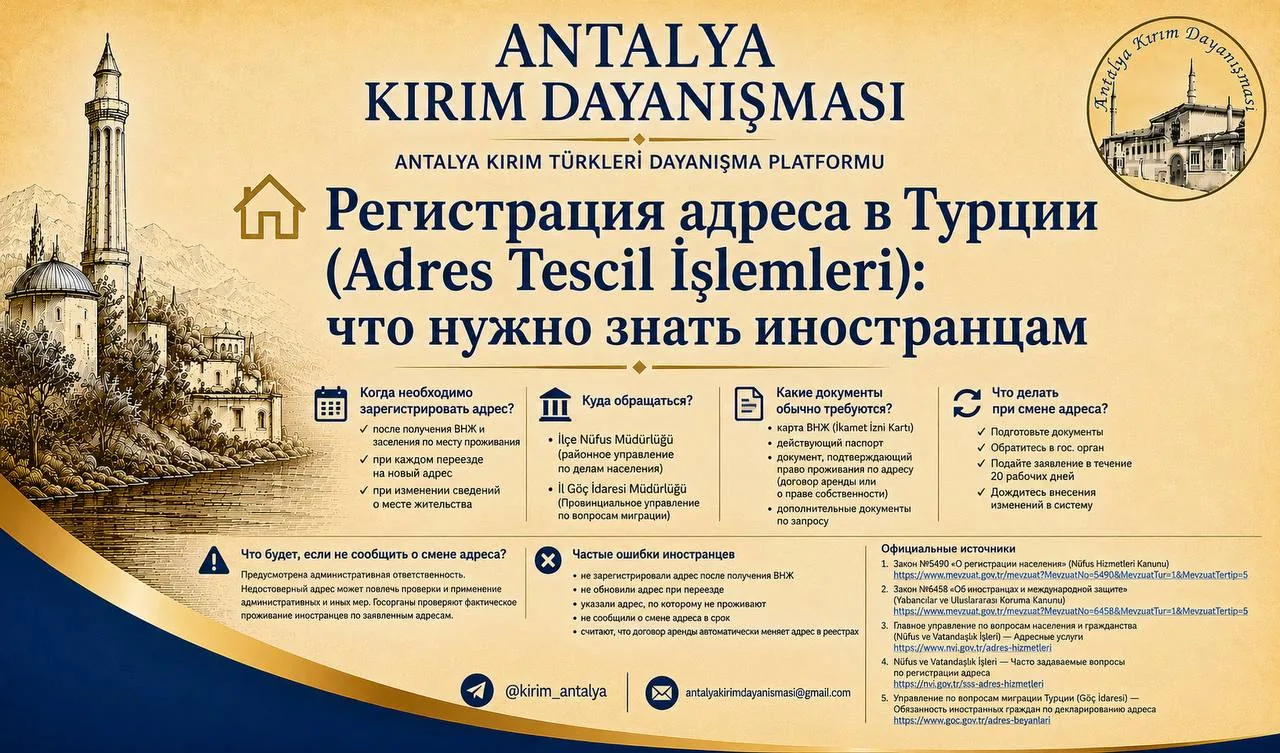 Инфографика организации Antalya Kırım Dayanışması о регистрации адреса в Турции: когда регистрировать, куда обращаться, какие документы нужны и что делать при смене адреса